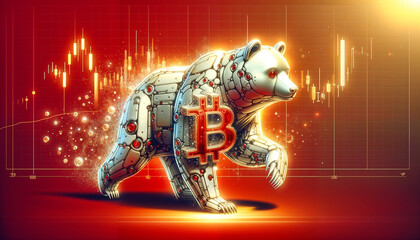 walking robot bear with symbol bitcoin on abstract red charts background, stock market. crypto - 790597444