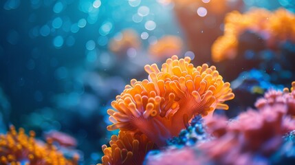 Vibrant coral reef illuminated by sunlight under clear blue water - obrazy, fototapety, plakaty