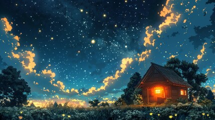 Enchanted cottage under a starlit sky with warm orange horizon