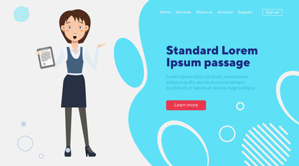 Business lady shocked with contract terms. Flat vector illustration. Young woman in office wear with document. Paperwork, business, partnership concept for web design, banner, landing page