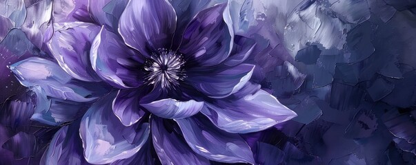 An gorgeous purple flower with petals and a large, lovely bloom in its middle is shown in an oil painting. - obrazy, fototapety, plakaty