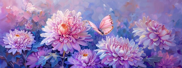 Purple backdrop, oil painting with pink and blue chrysanthemums with a pink butterfly - obrazy, fototapety, plakaty