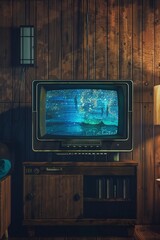 Oldstyle television broadcasting a scifi scene, showing a mix of vintage wood paneling and futuristic digital graphics, highlighting the contrast between past and future, bright colors, clean backgrou