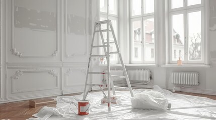 Empty room in house or apartment after renovations. Interior with white freshly painted walls, step ladder, paint can, protective plastic on floor, big windows, and no people. Home renovations concept