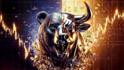crypto icon half head bear and half head bull on charts background in purple and gold colors. - 790598009