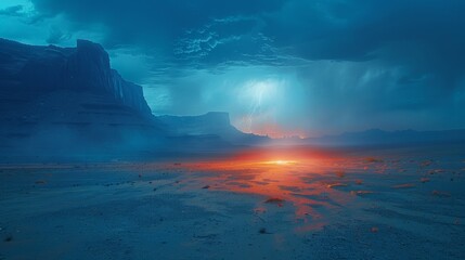 Majestic desert sunset with dramatic lightning under a stormy sky