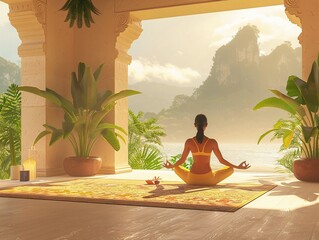 Tranquil scene of a luxurious yoga retreat with a practitioner performing asanas on a highend ecofriendly yoga mat, emphasizing the opulence of the peaceful environment, bright colors, clean backgroun - obrazy, fototapety, plakaty
