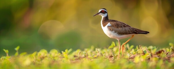 A red-wattled lapwing bird is seen standing in a meadow.,