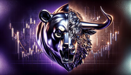 crypto icon half head bear and half head bull on charts background in purple and gold colors. - 790598252