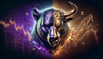 crypto icon half head bear and half head bull on charts background in purple and gold colors. - 790598409