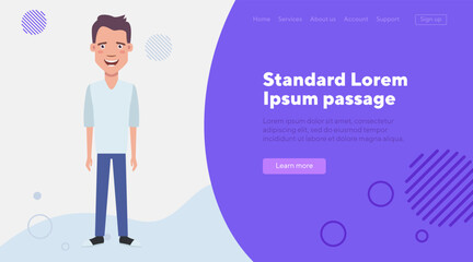 Happy student boy flat vector illustration. Boy in T-shirt and trousers glad to pass exams. Studying, education, knowledge concept for web design, banner or landing page