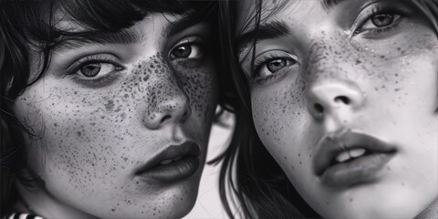Two models with freckles on their faces in a black and white photo, looking at the camera with...