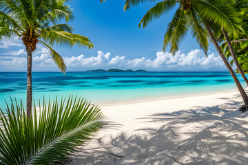 A paradise of the tropics on a white sand beach with swaying palm trees, turquoise water laps.