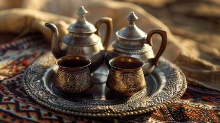 A close-up of a traditional Egyptian tea set against a neutral backdrop. - obrazy, fototapety, plakaty