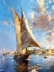 A traditional Egyptian sailboat gliding along the waters of the Nile. - obrazy, fototapety, plakaty