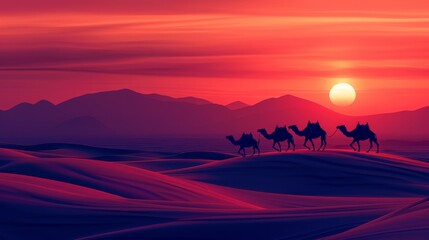 A silhouette of a camel caravan trekking across the sandy dunes at dusk.