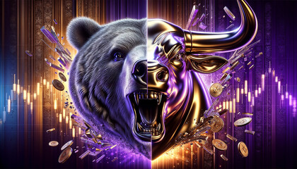 crypto icon half head bear and half head bull on charts background in purple and gold colors. - 790599051