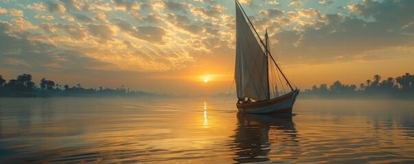 A felucca sailing peacefully along the Nile River at sunrise. - obrazy, fototapety, plakaty