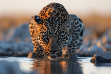 Magnificent leopard in the savannah drinking at waterhole