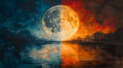 Night's Radiance Revealed: Watercolor Side-by-Side Showing Full and New Moon Glow