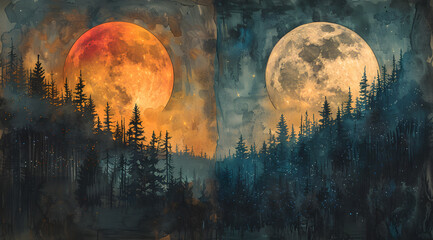 Celestial Splendor: Watercolor Illustration Contrasting Full Moon Brilliance with New Moon Glow
