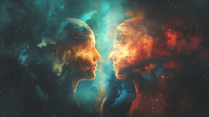 Fototapeta na wymiar two ethereal faces are poised at the brink of connection, their features a vibrant tapestry of cosmic energy and nebulae, symbolizing the profound and intimate dance between celestial entities.
