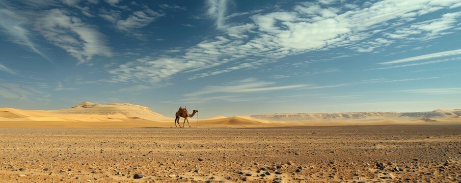 A lone camel trekking through the vast Egyptian desert.
