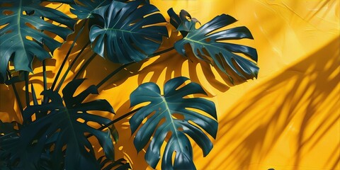 Large swiss cheese plant leaves against a bright yellow background in a minimalist still life image.