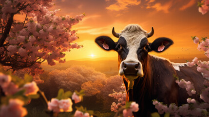 cute cow with flowers on background