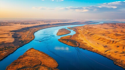 Aerial view of the winding Nile River cutting through the Egyptian landscape. - obrazy, fototapety, plakaty