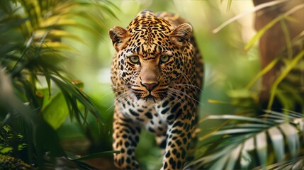A powerful leopard with piercing green eyes stalks through a dense jungle, embodying untamed wilderness and feline grace.