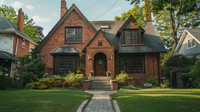 Tudor style house with two gables suburban middle class house,Luxury Houses and estates with a nicely landscaped front yard in an upscale neighborhood,Brick home with white columns and arched entry


