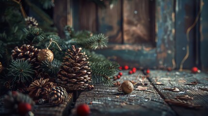 Vintage Christmas decorations with pine cones, ornaments, and berries on a wooden background in warm colors convey a sense of nostalgia and evoke the joy of the holiday season. - obrazy, fototapety, plakaty