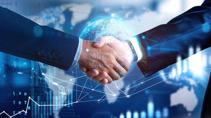 Businessmen handshake global stock market graph bar chart Digital innovative technology internet communication agreement partnership teamwork concept transformed