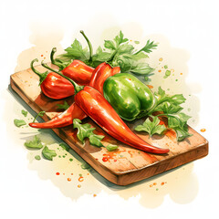 chili, put in a Summer-themed Serving Board, vegetable, full body, watercolor illustration, single object, isolate on white background for removing background.
