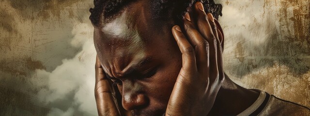 A close-up portrait of a man holding his head in agony, with a stormy sky in the background.
