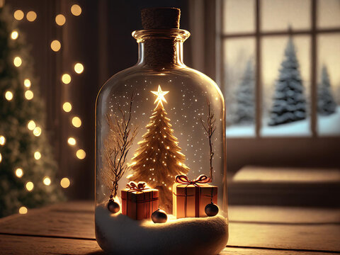 Christmas tree and gifts in a bottle