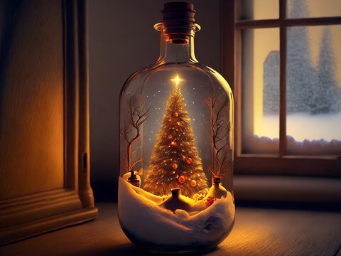 still life with bottle - christmas tree
