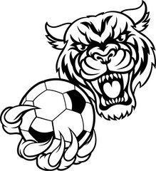 A tiger cat animal sports mascot holding soccer football ball