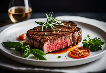 Slices of beef steak medium rare, white clean background. Aesthetic restaurant concept