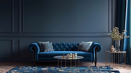 Blue velvet tufted sofa in a blue paneled room with blue patterned rug and gold accents, interior design, 3d render