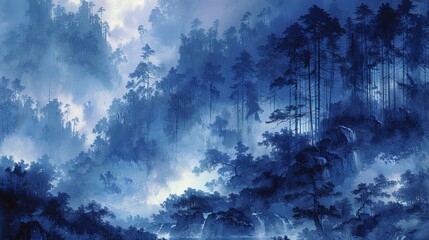 Ethereal blue misty forest landscape, atmospheric artwork with moonlight effect