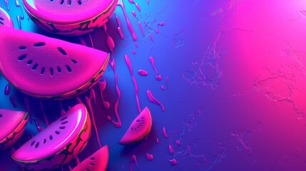   A collection of watermelon slices atop a blue-pink table, arranged side by side - obrazy, fototapety, plakaty