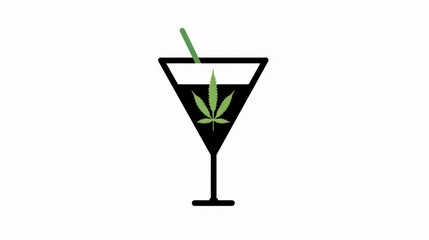   A glass holding a beverage, topped with a marijuana leaf against a pristine white backdrop