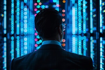 Blue-hued image of a man in a suit standing in a server room, contemplating the future of technology.