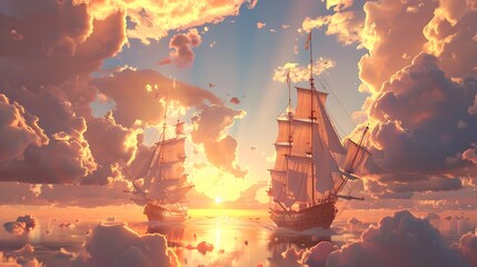 D Majestic Galleons Transformed into Floating Clouds at Sunset - obrazy, fototapety, plakaty