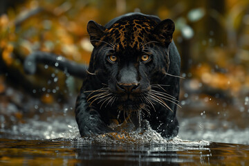 Majestic Panther runs on water in jungle