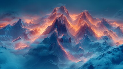 Dramatic night scene of fiery lava flowing through snow-covered mountains - obrazy, fototapety, plakaty