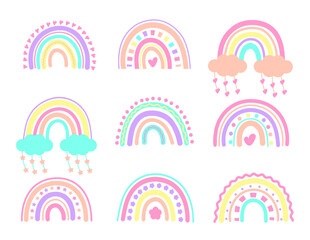 Fototapeta premium Illustration set of boho rainbow. Large modern collection of scandinavian rainbows. Hand drawn rainbow icons for kids posters, wrapping, textile, wallpaper, prints, fabric. Vector illustrations