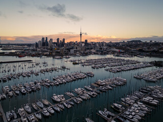 Auckland, New Zealand: Aerial of the Auckland downtown district skyline with the Westhaven Marina...